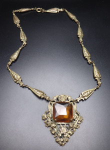 Vintage Antique Amber Czech Glass Brass Art Deco Era Pendant Necklace