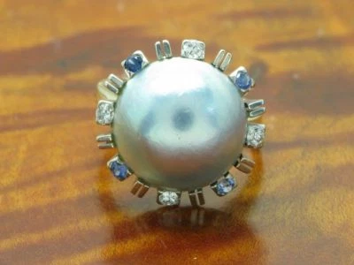 14kt 585 bicolor Gold Ring mit 0,16ct Brillant, 0,12ct Saphir & Mabe-Perlen RG52 - Bild 1 von 4