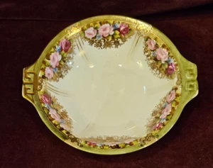 Nippon Japan Hand Painted Handled Porcelain Bowl 8" Green Floral Gold Moriage - Picture 1 of 6