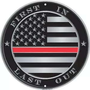 USA Flag Red Line 12" Circle Round Sign Wall Man Cave First Responders Fire - Picture 1 of 1