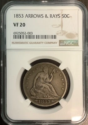 1853 SEATED LIBERTY HALF DOLLAR 50C ARROWS AND RAYS VF 20 NGC - Image 1 of 4