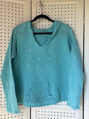 Fresh Produce 连帽衬衫浅蓝色刺绣纱布女式 XL 码(适合 Lg) — 第 1/4 张图片