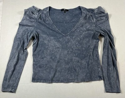 7 For All Mankind Long Sleeve V-Neck Top Stonewashed Gray Sz S Puff Sleeve - Image 1 of 4
