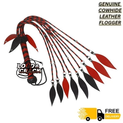 Flogger de cuero real, tachuelas de acero rojo 09 caídas mango de cuero Foto 1 de 4