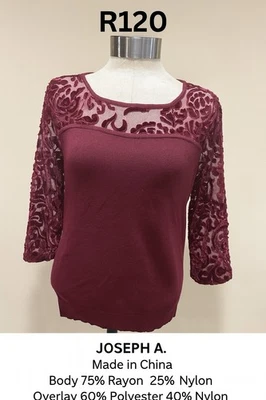 Top Joseph A Borgoña Encaje Terciopelo Mujer’s M – Mangas Bordadas Transparentes Foto 1 de 4