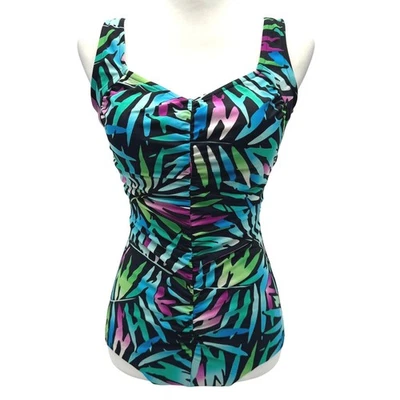 MAXINE OF HOLLYWOOD Mujer 10 Azul Verde Rosa Tropical Acanalado Traje de Baño de Una Pieza Foto 1 de 4