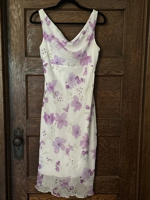 B Smart White Purple Floral Fairy Core Midi Dress Sz 9/10 Empire Waist Drape Y2K - Image 1 of 4