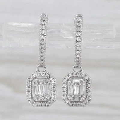 0.31ctw Diamond Hoop Halo Drop Earrings 14k White Gold Snap Top - Image 1 of 4