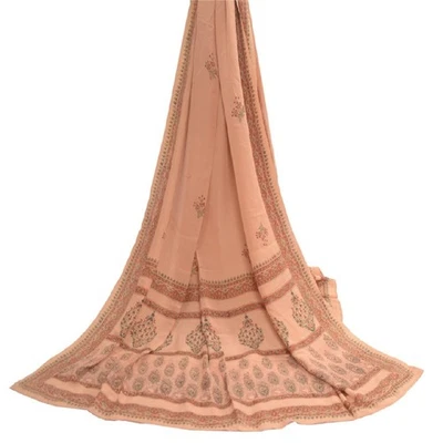 Sanskriti Vintage Long Dupatta Stole Pure Crepe Floral Peach Block Printed Scarf - Image 1 of 4