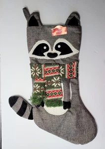 Holiday Time Raccoon Christmas Stocking Appliqué Scarf Burlap 20” 3D - Picture 1 of 4