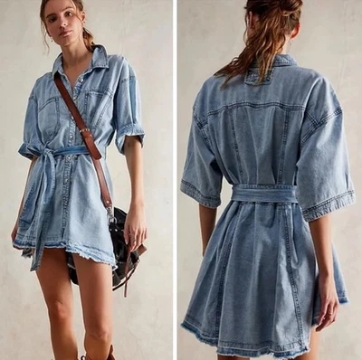 Free People Western Bohemian Oversized Jenny Indigo L Denim Tunic Top Dress XS - Image 1 of 4