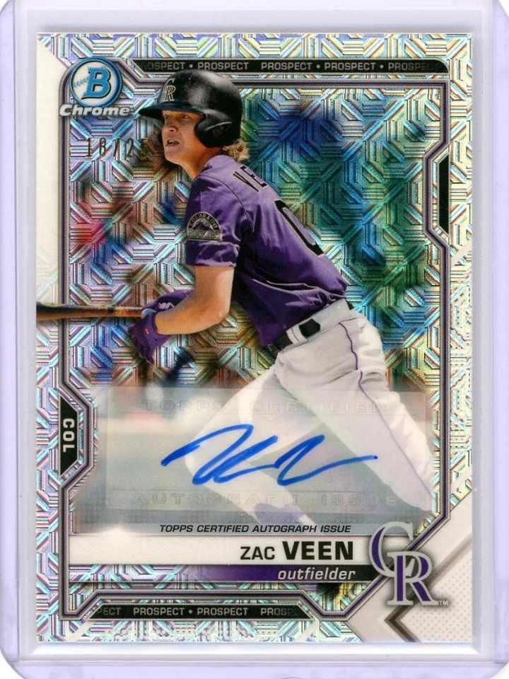 💥 ZAC VEEN 2021 BOWMAN CHROME MOJO REFRACTOR PHOTO VARIATION AUTO RC # 16/25 - Image 1 of 2