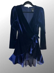Teeze Me Velvet Royal Dark Blue Faux Wrap Long Sleeve Dress 5/6 Holiday Dress - Picture 1 of 9