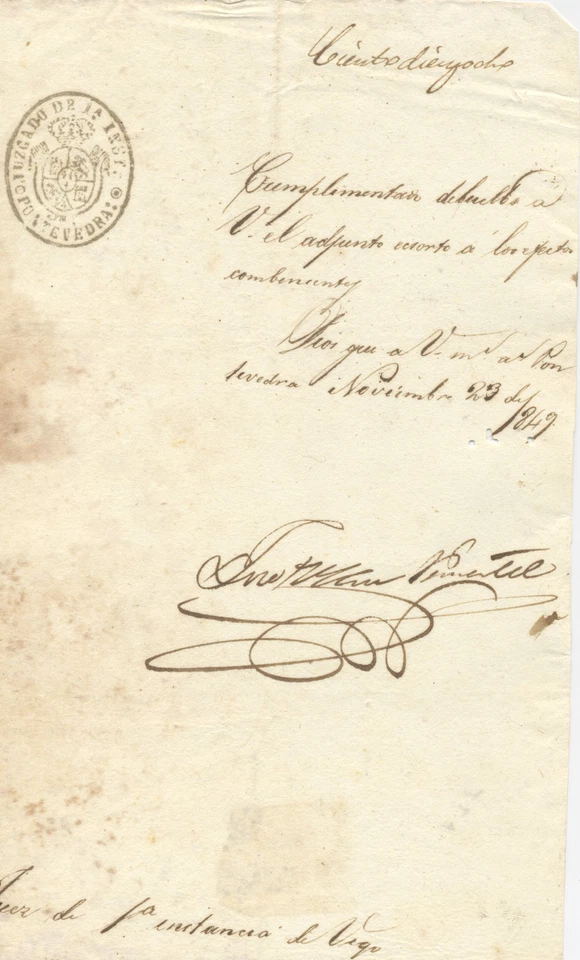 Escrito del año 1849. Juzgado de Primera Instancia de Pontevedra. - Imagen 1 de 1