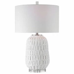 Contemporary Abstract Textured White Ceramic Table Lamp Organic Grid Old World - Picture 1 of 6