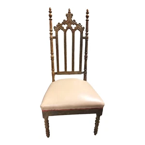 Antique Walnut English Cathedral Spire Chair With New Goatskin Upholstery - Picture 1 of 5