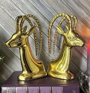 Brass Ibex Gazelle Bookends Vintage Solid Brass Elk Book Ends Deer Book Holders - Picture 1 of 8