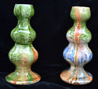 Vtg Pair 4" Art Pottery Candlestick Holders Agate Glaze In Green Orange Tan Blue