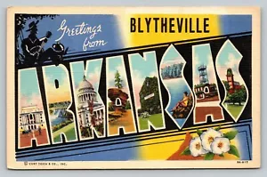 Postal AR Carta Grande Saludos Desde Blytheville Arkansas Vintage Lino - Imagen 1 de 2