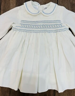 Винтажный Сара Луиза Англии белый/синий вручную со сборками вышитое платье 6 месяцев - Изображение 1 из 4