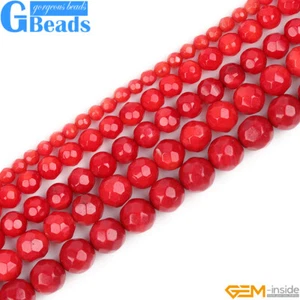 Red Coral Gemstone Faceted Round Beads For Jewelry Making Free Shipping 15" - Picture 1 of 39