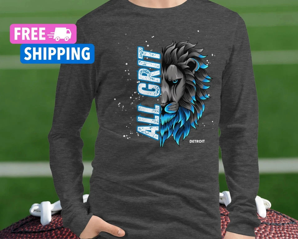 Lions T Shirt Unisex Long Sleeve T Shirt All Grit Lions Fan Detroit Football - Image 1 of 4
