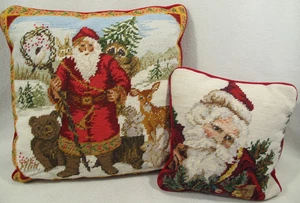 VTG Set of 2 Throw Pillows~Santa~Christmas~Needlepoint~Tapestry~Velvet~Animals - Picture 1 of 12