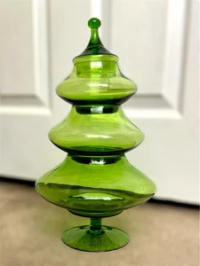 MCM Empoli Italy Green Glass Christmas Tree Stacking Apothecary Candy Jar 13" - Picture 1 of 6