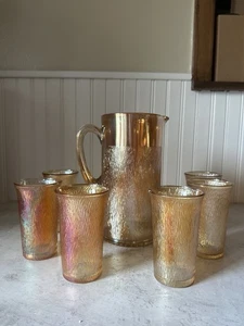 Vintage Jeannette Carnival Glas Ringelblume Krug & 6 Becher Gläser Baumrinde Set - Bild 1 von 15