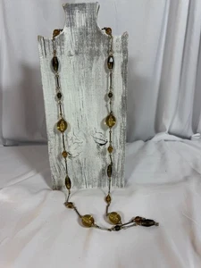 Vintage Amber & Smoky Glass Bead Necklace Gold-Tone Metal 30 Inches Long - Picture 1 of 5
