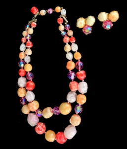 Raro Vintage Vogue Hecho a Mano Naranja Rosa Roja Arte Vidrio Cuenta Collar Set - Imagen 1 de 6