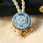 F18 Pendant Katze Bow Cameo Pearl Agate Blue Pearl Silver 925 Gold Plated