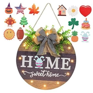 Interchangeable Welcome Sign for Front Door with 14 Changeable Icons, Brown-LED - Picture 1 of 7