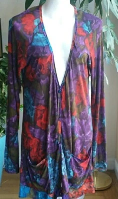 复古 Lanvin Paris 超大开衫束腰毛衣花卉波西米亚 L 码  — 第 1/4 张图片