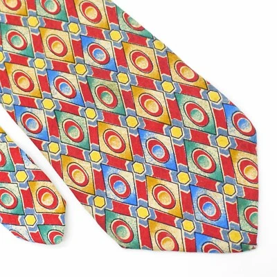Галстук шелковый широкий абстрактный геометрический принт Altea красный желтый сине-зеленый - Изображение 1 из 4