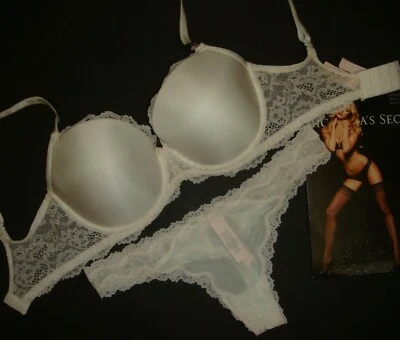 NWT Victoria's Secret 32DDD BRA SET M thong WHITE ivory beige floral lace BRIDAL - Image 1 of 4