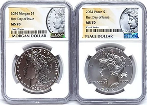 Conjunto De 2 Monedas 2024 Dólares De Plata Morgan Y Peace NGC MS 70 Primer Día - Imagen 1 de 2
