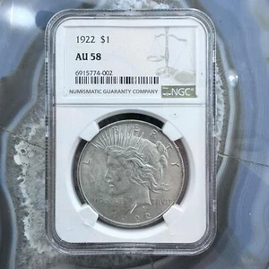 1922 US 90% Peace Silver Dollar NGC AU 58 #002-DE - Picture 1 of 4