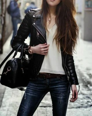 Chaqueta de cuero acolchada de moda de diseñador de piel de cordero negra acolchada para mujer y mujer Foto 1 de 3