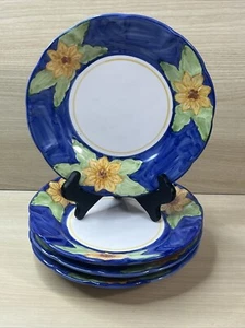 Solimene Vietri 8 1/4" Salad Plates Yellow Sunflower Blue Rim Hand Painted Italy - Picture 1 of 9