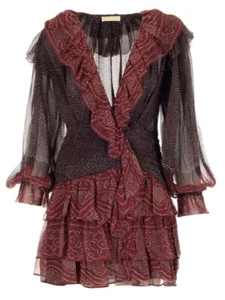 $695 Ulla Johnson Sara Sheer Silk Mini Dress Sz 0 Garnet Tiered Ruffled Flutter - Picture 1 of 23