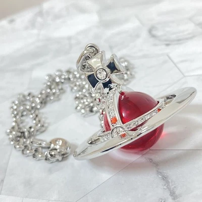 Vivienne Westwood Small Orb Necklace Pendant Red Silver Top4.5cm with drawstring - Image 1 of 4