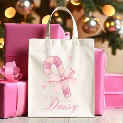 Personalised Christmas Bag Pink Shopping Tote– for Stocking Custom Name Gift Bag - Image 1 of 4