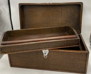 Wood Box W/Silver Metal Hinges Clasp Handles Wicker Wooden Chest Trunk Storage - Picture 1 of 16