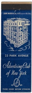 Vintage Streichholzheftchenhülle Werbung Club of New York 23 Park Avenue. - Bild 1 von 3