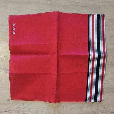 Pocket Square Or Handkerchief Red With Striped Trim And Flowers Cotton 10" NWOT  - Image 1 of 4