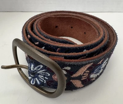 Cinturón Lucky Brand Cuero Gamuza XL Bordado Azul Marino Borgoña Floral Foto 1 de 4