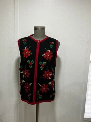 Chaleco de Navidad vintage blanco ciervo flor de pascua talla XL USADO EN EXCELENTE ESTADO bordado con cuentas Foto 1 de 4