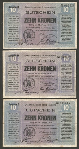 Czechoslovakia Reichenberg 10 Kronen 15.2.1919; F-VG; HH-188.8.2a; Lot of 5 pcs Cover