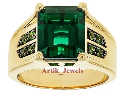 Labor Erstellt Smaragd & Tsavorit Mit 14K Vergoldet Silber Ring für Herren #905 - Bild 1 von 4